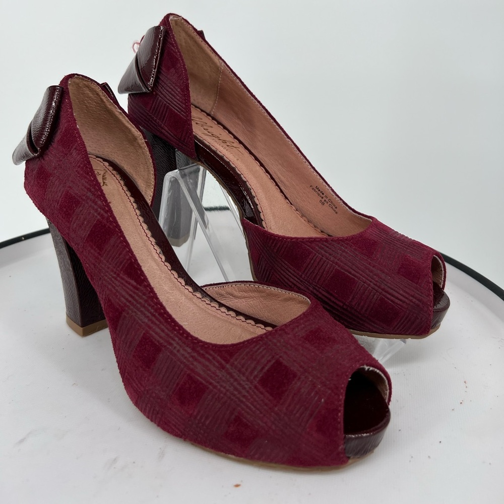 ANTHROPOLOGIE MISS ALBRIGHT WINE PUMPS WITH BACK BOWS SLIPONS‎ WITH PEEP TOES
